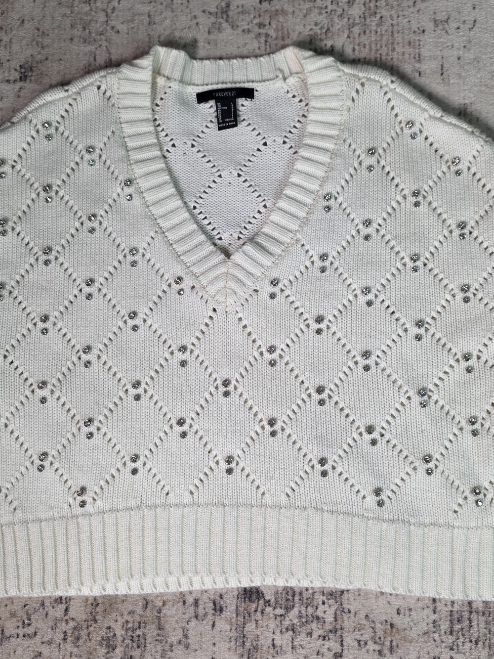 Forever 21 Ivory V-Neck Knit Crop Top with Rhinestone Accents